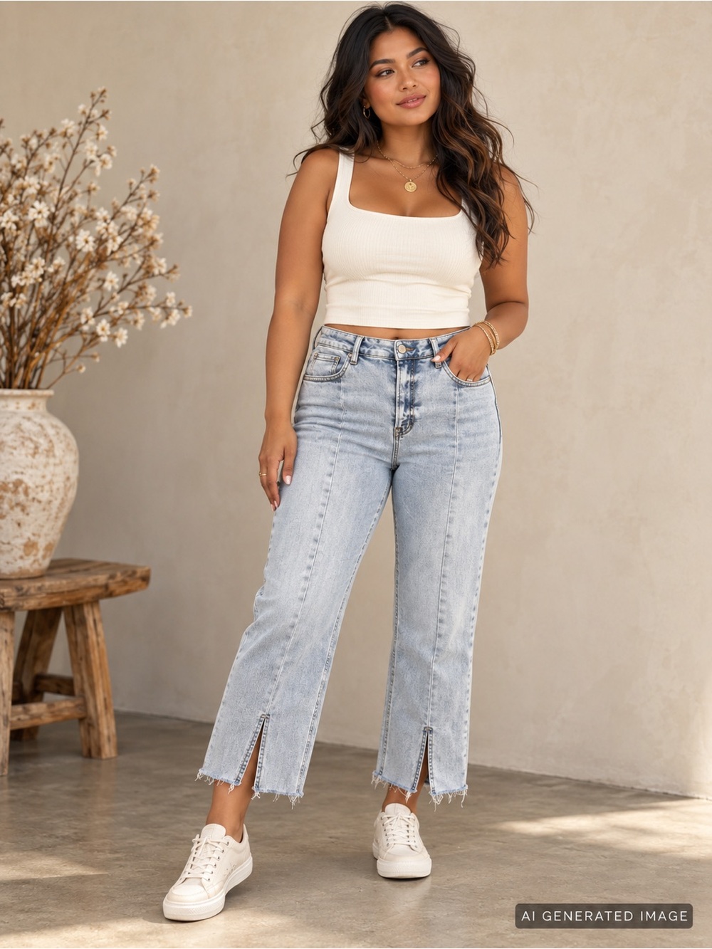 Risen Jeans High Rise Front Seam Slit Hem Cropped Jeans Light Wash 13/31